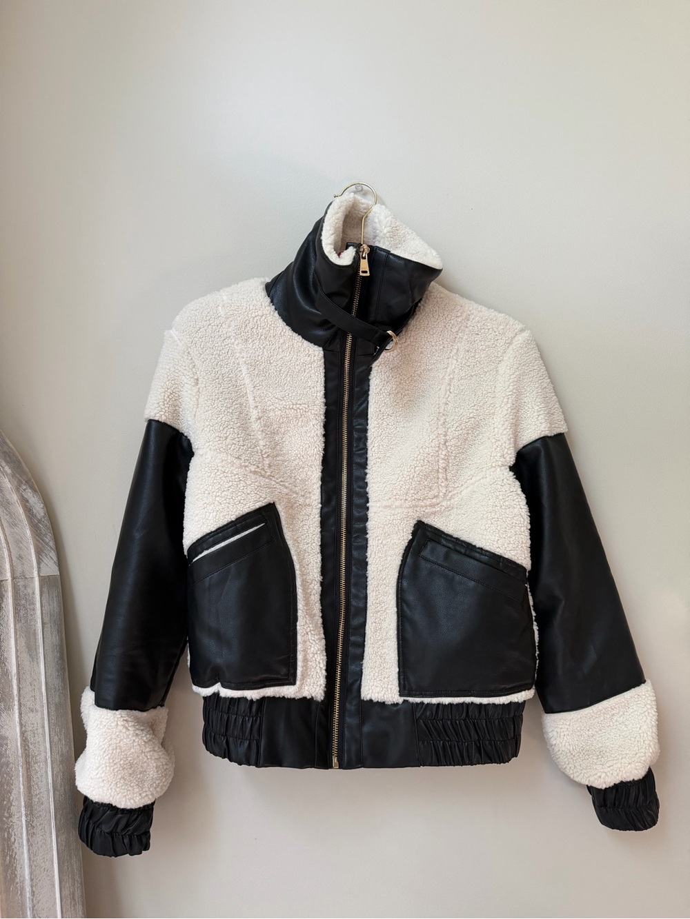 Princess Polly Black & Cream Teddy Sherpa Bomber Jacket